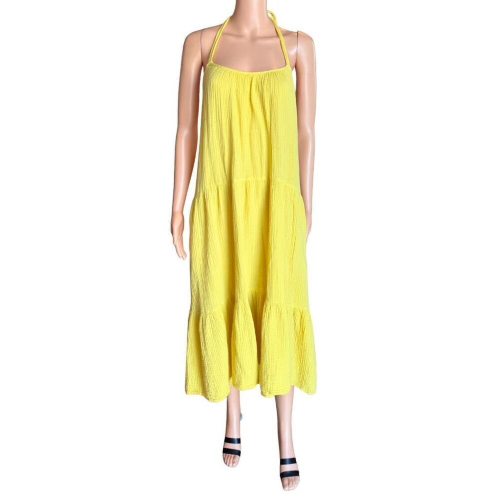 Xirena Reagan Dress Medium Yellow Limon Cotton Gauze Halter Midi Tiered Summer - Picture 3 of 8